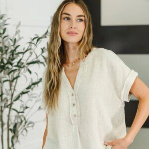 Sand Beige V-Neck Acid Wash Top